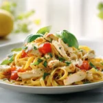 Chicken pasta with basil lemon and garlic in modern kitchen