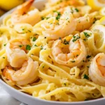 Lemon garlic shrimp pasta served hot with parsley and lemon zest