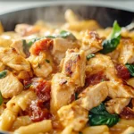 Tuscan Chicken Pasta served with creamy sauce and parmesan