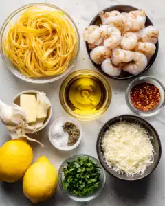 Ingredients for lemon garlic shrimp pasta