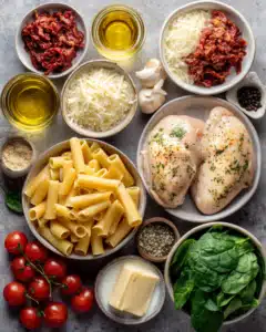 Tuscan Chicken Pasta ingredients displayed on counter