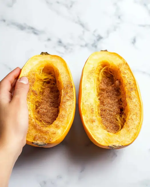 two halves of yellow squash with the inside sprayed with olive oil and seasoned with with salt and pepper. 