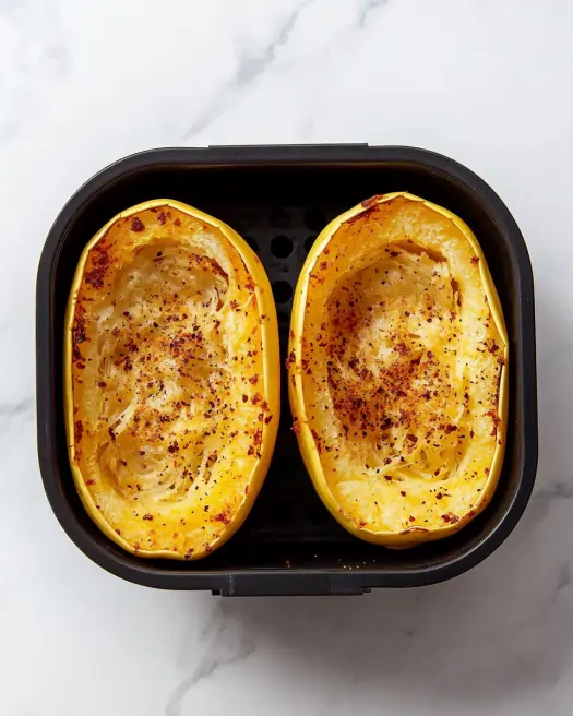 Twos halves of yellow squash placed in the air fryer basket 