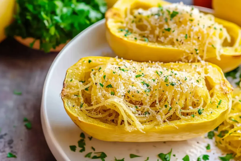 Air fryer spaghetti squash on a white plate