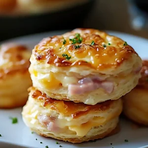 Two ham and cheese butter swim biscuits on a white plate