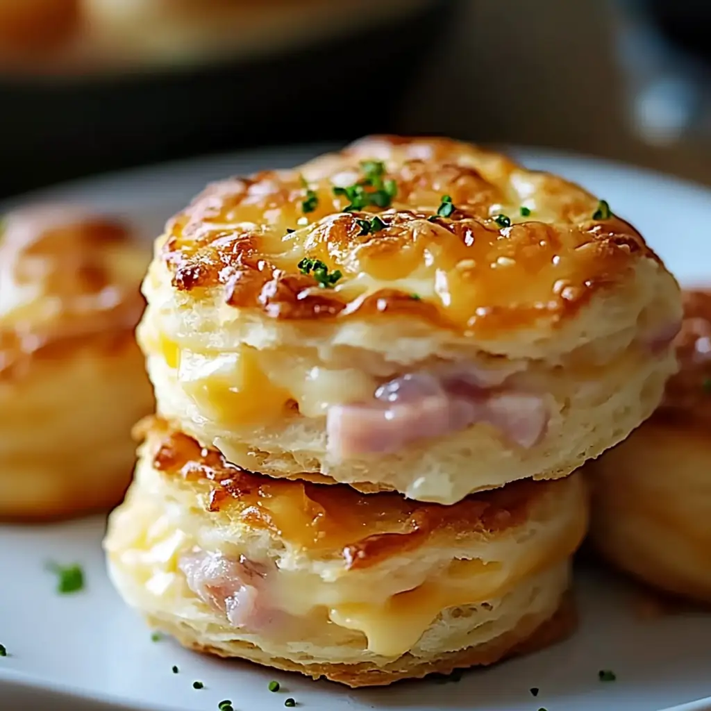 Two ham and cheese butter swim biscuits on a white plate