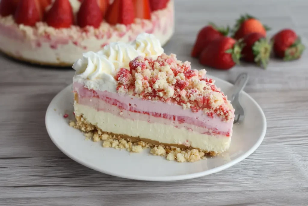 strawberry crunch cheesecake with cookie topping