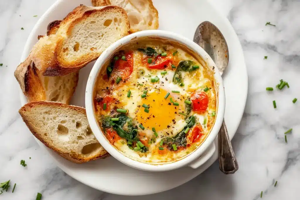Baked feta eggs in a ceramic baking dish