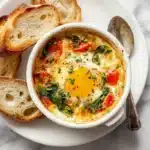 Baked feta eggs in a ceramic baking dish