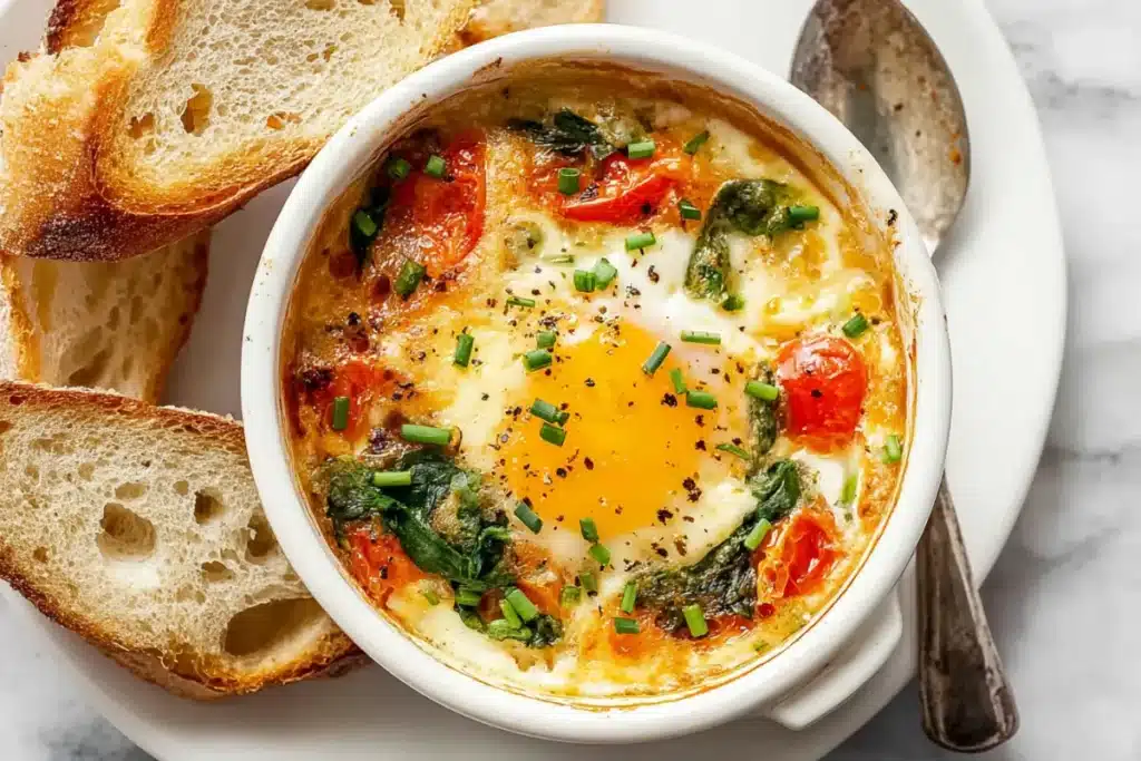 Baked feta eggs in a ceramic baking dish