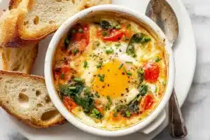 Baked feta eggs in a ceramic baking dish