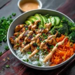 Bang Bang Chicken Bowl with creamy spicy sauce and rice