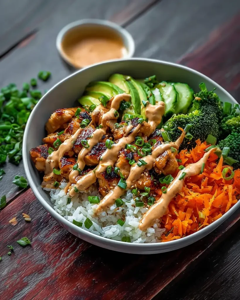 Bang Bang Chicken Bowl with creamy spicy sauce and rice