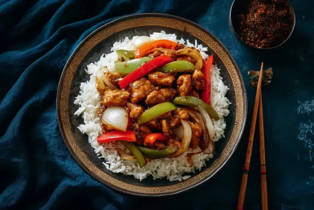 Black pepper chicken served in a dark ceramic plate