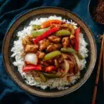 Black pepper chicken served in a dark ceramic plate