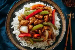 Black pepper chicken served in a dark ceramic plate