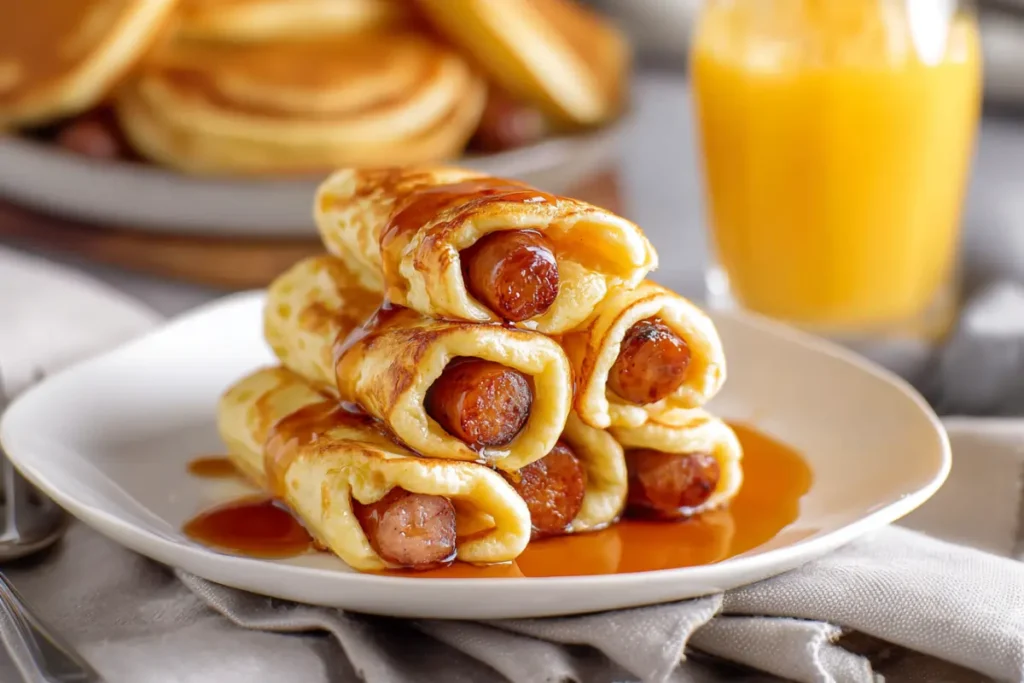 Fluffy breakfast pigs in a blanket with syrup drizzle