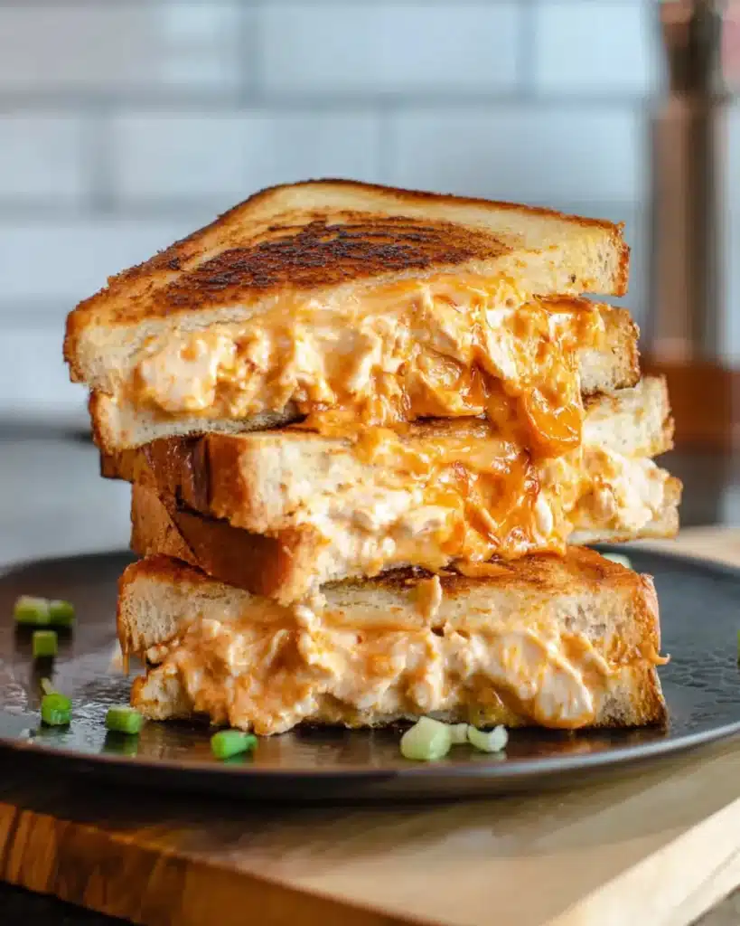 Buffalo Chicken Grilled Cheese cut in half with melty cheese