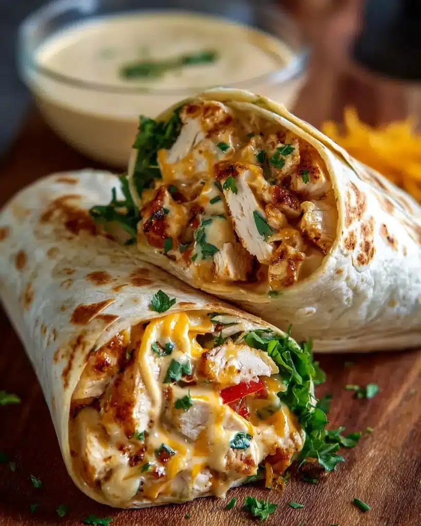Cheesy Chicken Wrap cut in half with melted cheese and grilled tortilla
