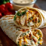 Cheesy Chicken Wrap cut in half with melted cheese and grilled tortilla