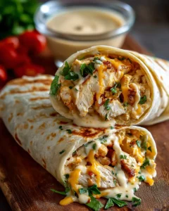 Cheesy Chicken Wrap cut in half with melted cheese and grilled tortilla