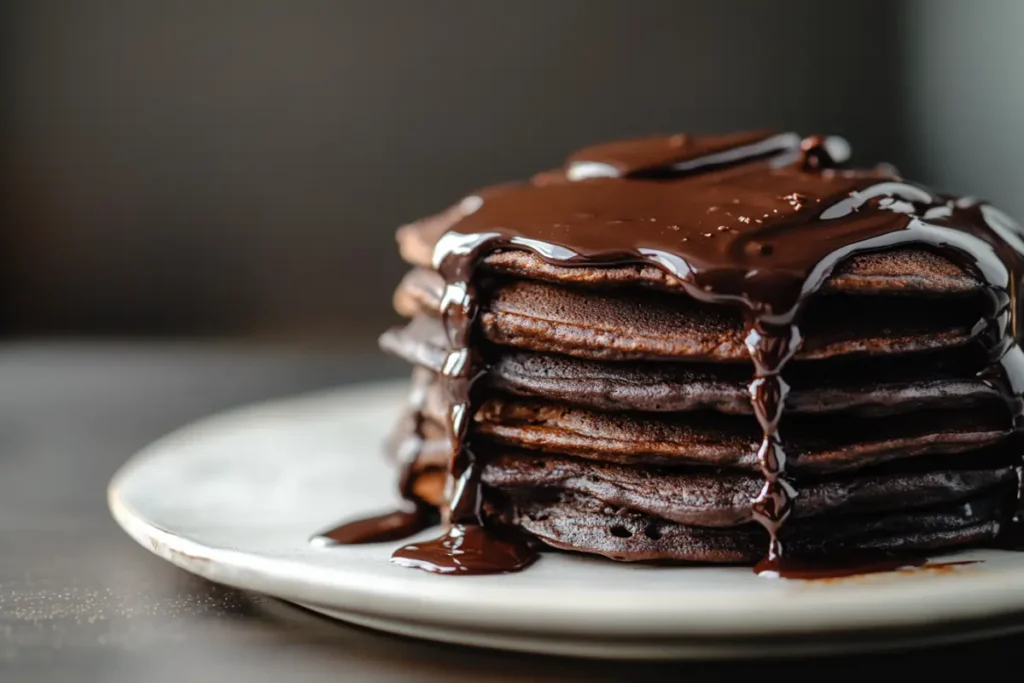 Stack of chocolate pancakes with ganache