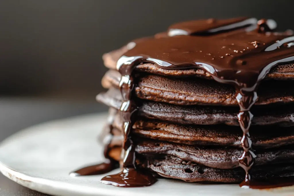Stack of chocolate pancakes with ganache