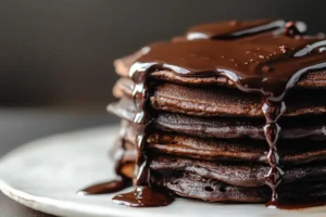 Stack of chocolate pancakes with ganache