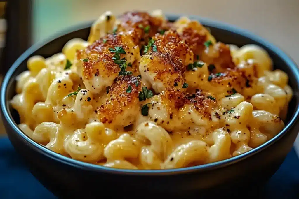 creamy honey pepper chicken mac and cheese in a bowl