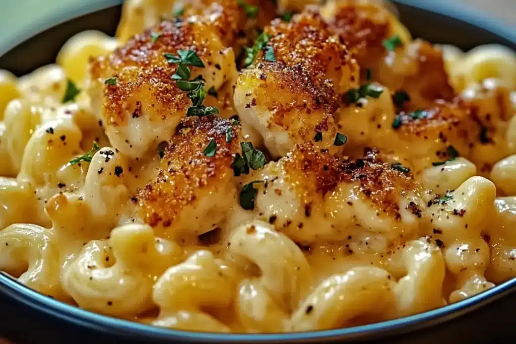 creamy honey pepper chicken mac and cheese in a bowl