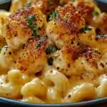 creamy honey pepper chicken mac and cheese in a bowl