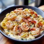 Creamy Parmesan Garlic Shrimp Pasta served in black plate