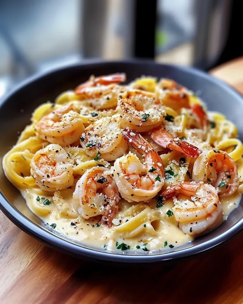Creamy Parmesan Garlic Shrimp Pasta served in black plate