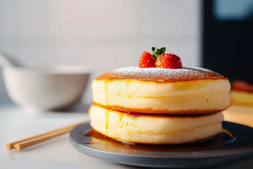 Stack of fluffy Japanese soufflé pancakes with powdered sugar