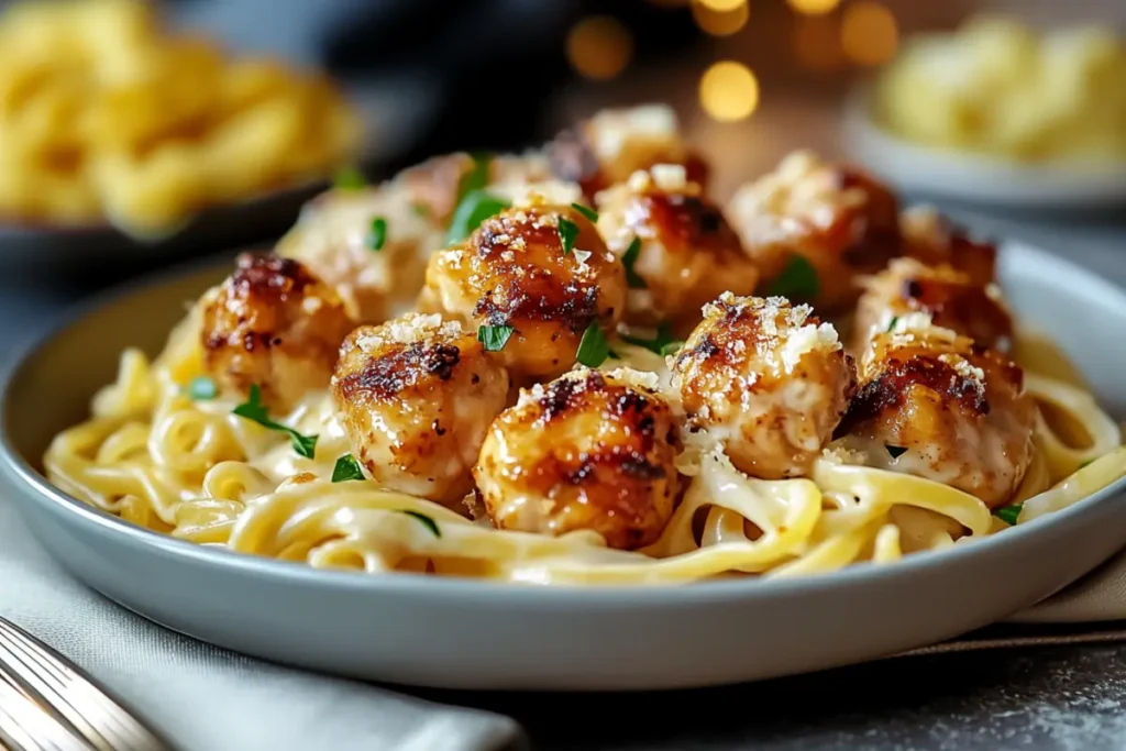 garlic butter chicken bites with creamy parmesan pasta
