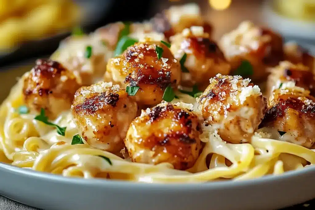 garlic butter chicken bites with creamy parmesan pasta