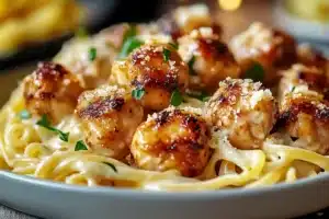 garlic butter chicken bites with creamy parmesan pasta