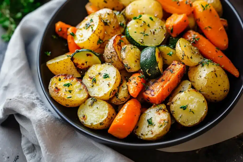 Garlic herb roasted potatoes carrots and zucchini on a rustic table