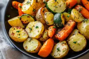 Garlic herb roasted potatoes carrots and zucchini on a rustic table