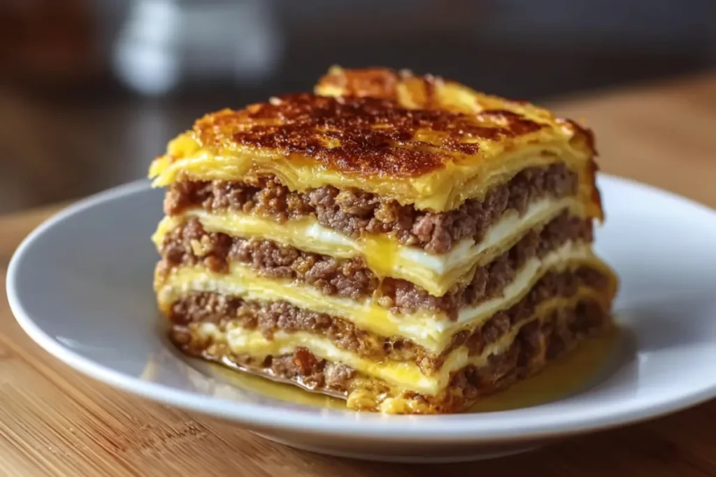 Pancake Sausage Casserole in white dish with golden cheese