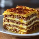 Pancake Sausage Casserole in white dish with golden cheese