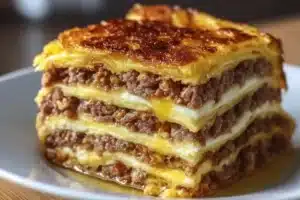Pancake Sausage Casserole in white dish with golden cheese