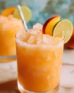 Peach Agua Fresca in a glass with fresh fruit garnish