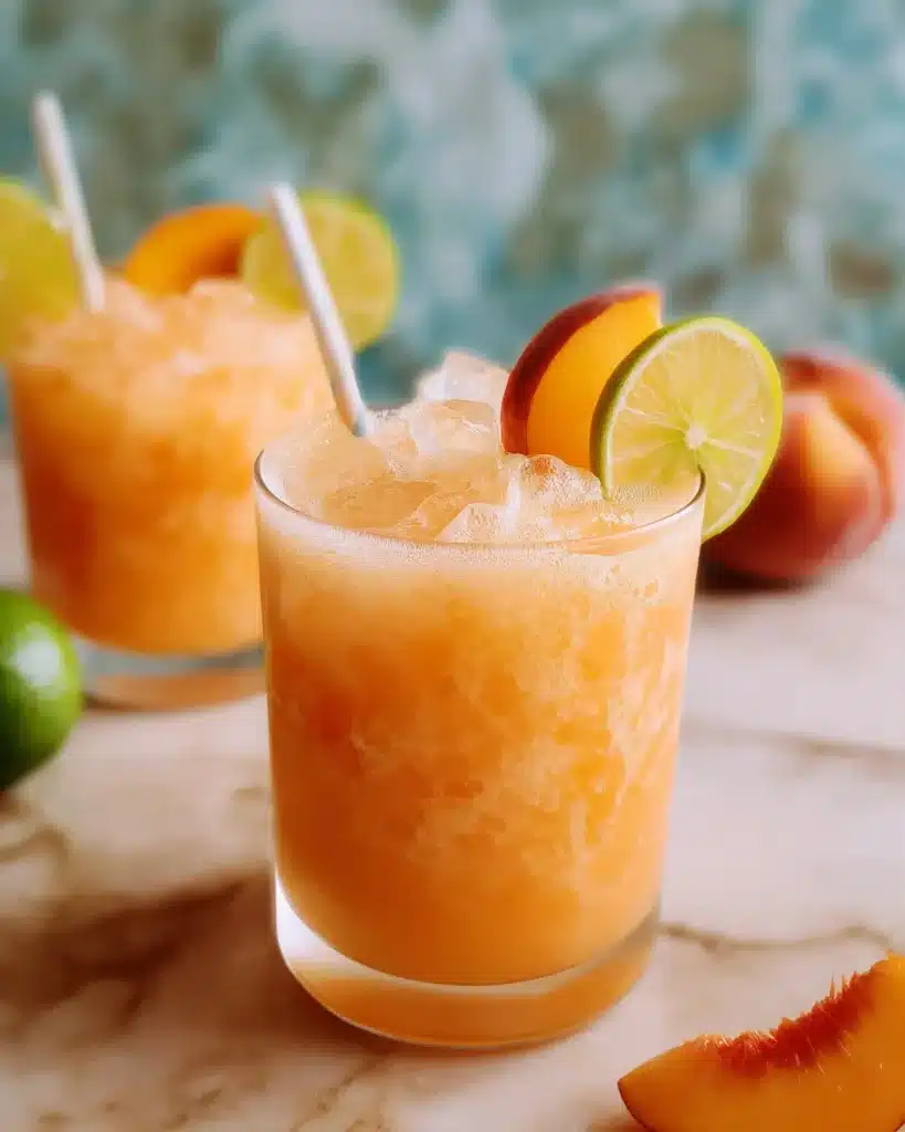 Peach Agua Fresca in a glass with fresh fruit garnish