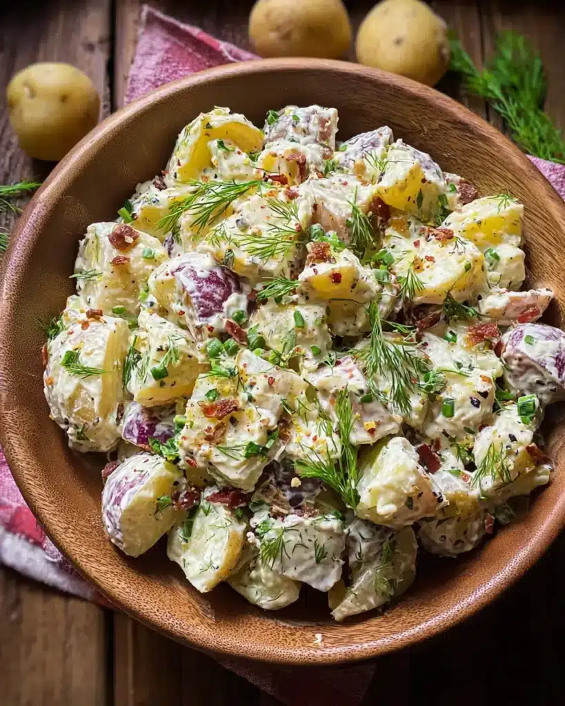 Potato Salad in rustic bowl with parsley and green onions