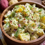 Potato Salad in rustic bowl with parsley and green onions
