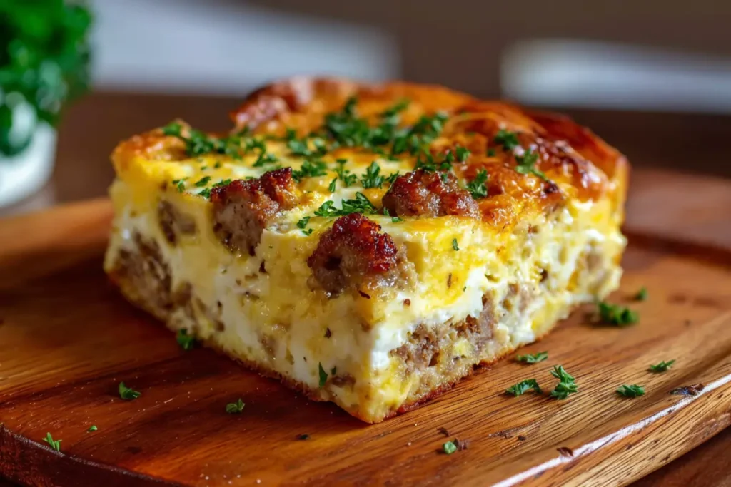 Freshly baked sausage and egg casserole in a wooden dish
