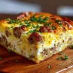 Freshly baked sausage and egg casserole in a wooden dish