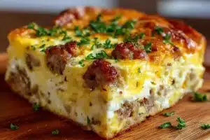 Freshly baked sausage and egg casserole in a wooden dish