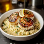 Seared scallops with risotto and lemon butter sauce